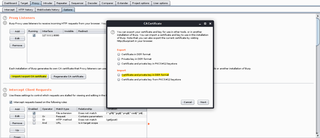 Importing into burp the Cacert2.der using the old der key.